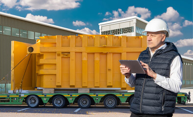 Poster - man factory manager. guy will drive trailer with metal container. supply manager. man with tablet in