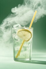 Poster - Refreshing lemon soda with ice and mist, served in a clear glass with a bright straw