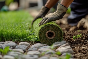 Laying fresh sod on a garden area with stepping stones during daylight hours