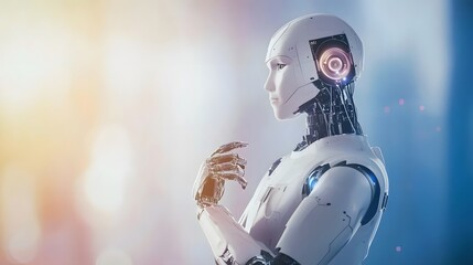 Poster - A white humanoid robot with glowing blue lights stands against a blurred background.