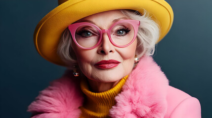 Poster - A stylish older woman in vibrant attire and accessories.