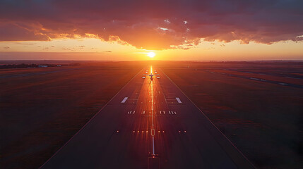 Canvas Print - A sunset view down an airport runway, highlighting travel potential.