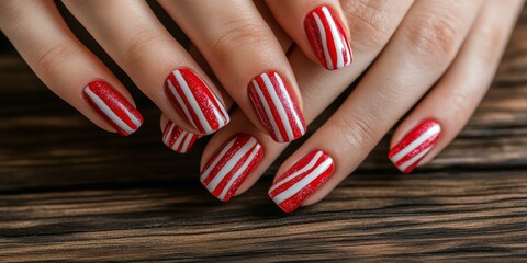 Festive red and white striped nails with glitter accents on a wooden table background