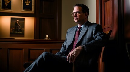 Poster - A man in a suit sits in an office chair, looking off to the side.
