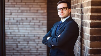 Canvas Print - Confident businessman in a suit leaning against a brick wall.