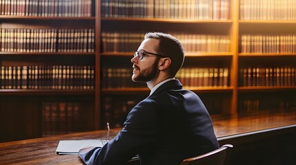 Poster - A young man in a suit sits in a library, thoughtfully considering his next move.