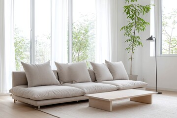 Minimalist, modern japandi interior photo of living room with sofa and cushion wood table. Generative AI
