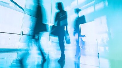 Poster - Silhouettes of business people walking through a glass office building.