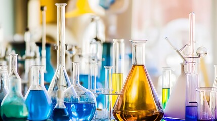 Wall Mural - assortment of beakers and test tubes filled with various liquids in a laboratory setting.