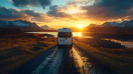 Canvas Print - A van parked on a scenic road during sunset near mountains.