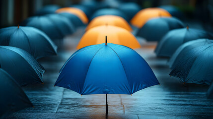 Wall Mural - A vibrant array of umbrellas in a rainy urban setting.