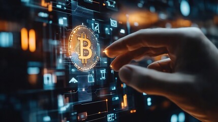 Poster - Hand Interacting with Digital Bitcoin Symbol