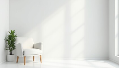 A bright minimalist room featuring a chair and potted plant, with sunlight streaming through. The clean white walls and simplicity of the decor create a calm and serene environment.