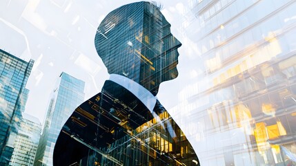 Silhouette of a man in a suit, overlayed with city buildings, creating an abstract and modern image.