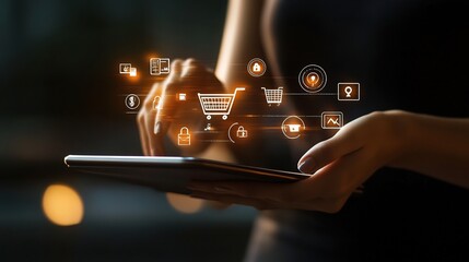 Poster - Shopping Online with Digital Icons and Tablet Interaction