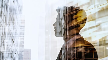 Silhouette of a man in a business suit, looking out of a window with a city skyline reflected in the glass.