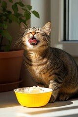 Wall Mural - A cat enjoying food from a yellow bowl in sunlight, with a plant in the background.