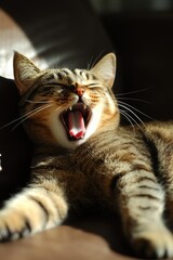 A relaxed tabby cat yawning while lounging on a couch in soft sunlight.