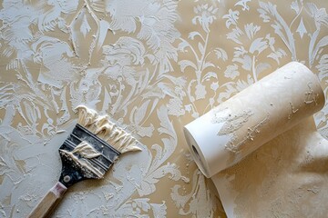 Poster - A decorator is removing old wallpaper with a paint scraper and a wallpaper roll, showcasing a lengthy home improvement effort. Generative AI