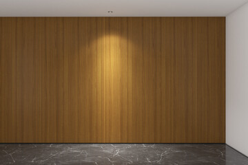 3d render of minimal design wall mock up of wood stripes panel, gray marble floor and white ceiling. Set7