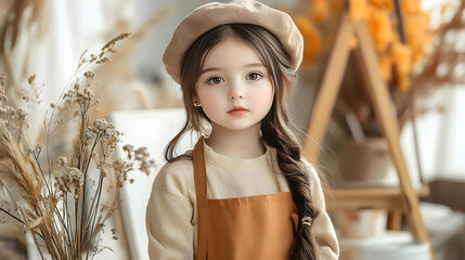 Sticker - A young girl in a cozy setting, wearing a beret and apron.