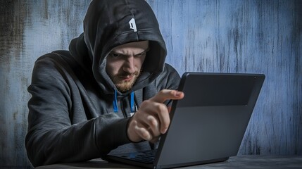 Poster - A man wearing a hoodie sits in front of a laptop, his face is focused on the screen.