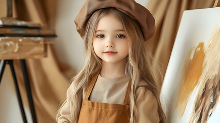 Canvas Print - A young girl in an artist's studio, dressed in a beret and apron.