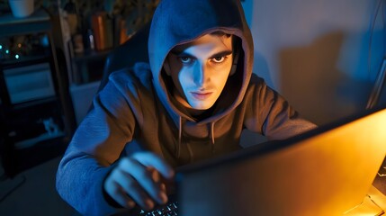 Wall Mural - Young man in a hoodie stares intensely at a computer screen in a dimly lit room.