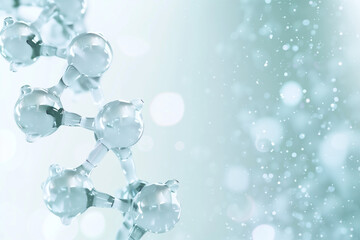 molecular structure with transparent spheres representing atoms, connected by bonds. The background features a soft gradient with floating particles, creating a scientific and modern atmosphere.