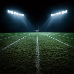 Bright stadium lights illuminate an empty football field during nighttime in a quiet atmosphere