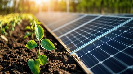 Sticker - Solar Panels and Green Plants in Sustainable Farming