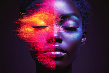 Poster - A digital artwork blending vivid colors on a face, symbolizing a fusion of technology and emotion in modern art.