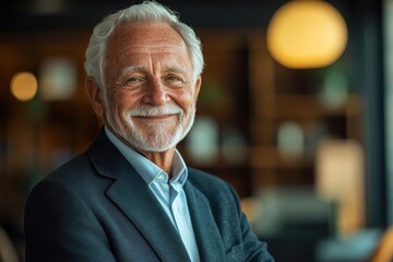 Elderly man smiling warmly, dressed in a suit with a tie, seated indoors with a blurred background of bookshelves and warm lighting.