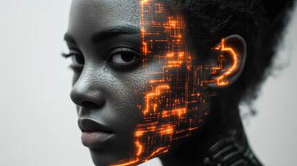 Poster - A profile of a woman with illuminated digital patterns symbolizing the intersection of human identity and technology.