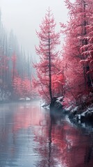 Poster - Pink Trees Reflecting in a Misty River