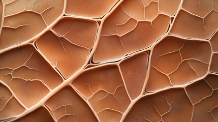 Wall Mural - Close-up of a textured, cracked surface with organic, irregular shapes in a brownish-orange color, resembling dried or parched ground or skin.