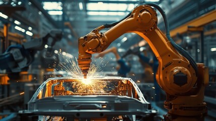 Canvas Print - Industrial Robotic Arm Welding in Modern Factory