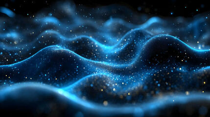 Canvas Print - Abstract waves of blue light with sparkling particles.