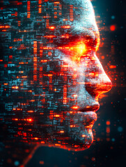Poster - A digital representation of a human profile interwoven with red, glowing data streams symbolizing technology and connectivity.