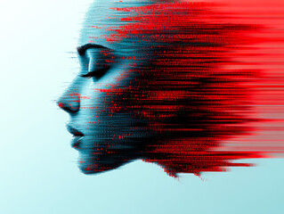Poster - digital portrait with glitch effect, blending binary code with human features and vibrant colors for