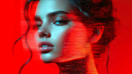 Poster - Portrait of a woman interwoven with digital data patterns, showcasing a mix of technology, emotion, and creative abstraction.