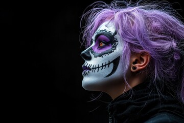 Poster - A woman showcases elaborate sugar skull makeup with vibrant purple hair, highlighting her artistic expression during a festive event celebrated in a darkened environment