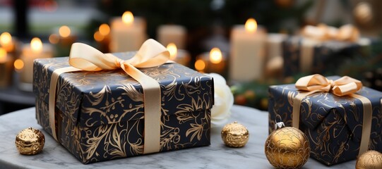 Poster - Beautifully wrapped gifts in elegant black paper with gold accents rest on a marble table, illuminated by warm candlelight, creating a festive atmosphere