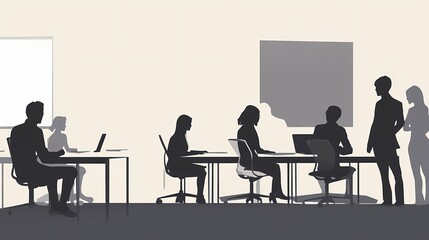 Wall Mural - Silhouetted professionals engaged in a meeting focused on collaboration.