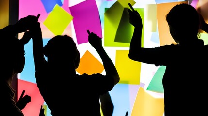 Wall Mural - Silhouetted team brainstorming with colorful sticky notes in creative collaboration.