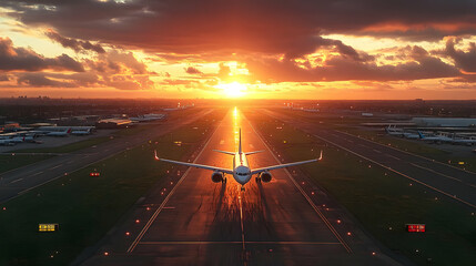 Poster - Airplane on runway at sunset, highlighting travel and aviation.