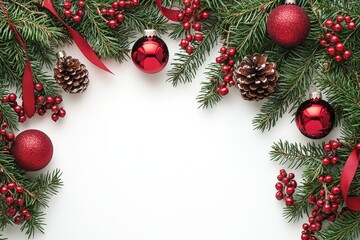 Poster - Pine branches frame a bright white background, adorned with red ornaments, pinecones, and berries, creating a joyful holiday atmosphere perfect for seasonal celebrations
