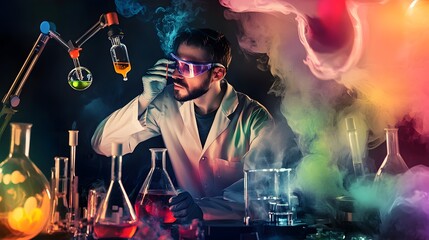 Wall Mural - a scientist in a lab coat examines a flask, surrounded by colorful smoke and beakers.