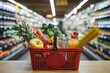 © Nida - Red shopping basket with produce on wooden surface, grocery store aisle behind.