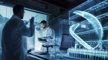 Wall Mural - two scientists work in a lab with a glowing dna helix in the background.